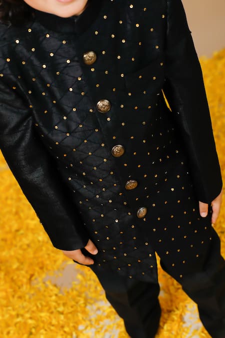 Buy_Swati Golyan_Black 100% Raw Mashru Silk Embroidery Sequin Jodhpuri And Pant Set  _Online_at_Aza_Fashions