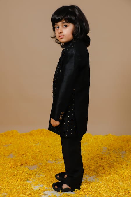 Shop_Swati Golyan_Black 100% Raw Mashru Silk Embroidery Sequin Jodhpuri And Pant Set  _Online_at_Aza_Fashions