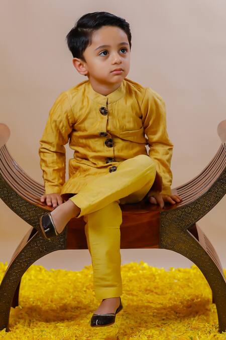 Swati Golyan_Yellow Chanderi Embellished Flower Checkered Pattern Bandhgala Set  _Online_at_Aza_Fashions