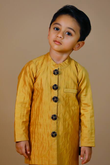 Buy_Swati Golyan_Yellow Chanderi Embellished Flower Checkered Pattern Bandhgala Set  _Online_at_Aza_Fashions