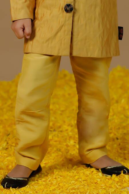 Shop_Swati Golyan_Yellow Chanderi Embellished Flower Checkered Pattern Bandhgala Set  _Online_at_Aza_Fashions