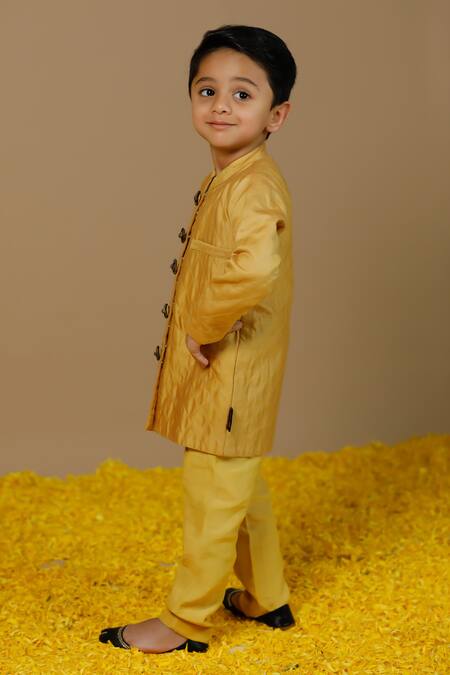 Swati Golyan_Yellow Chanderi Embellished Flower Checkered Pattern Bandhgala Set  _at_Aza_Fashions