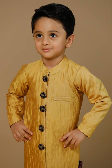 Buy_Swati Golyan_Yellow Chanderi Embellished Flower Checkered Pattern Bandhgala Set  