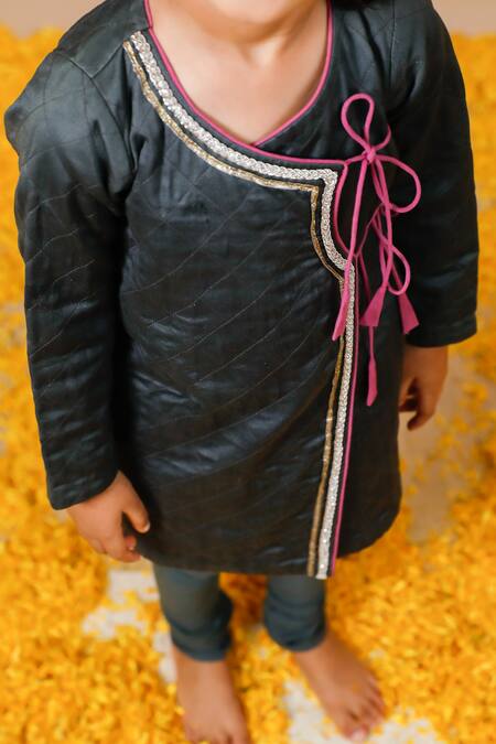 Shop_Swati Golyan_Black Chanderi Embroidery Gota Hand Quilted Angrakha Set  _Online_at_Aza_Fashions