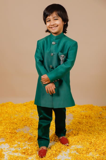 Swati Golyan_Green 100% Raw Mashru Silk Plain Full Sleeve Jodhpuri Set  _Online_at_Aza_Fashions