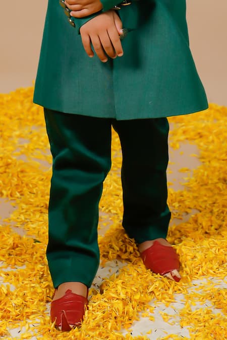 Buy_Swati Golyan_Green 100% Raw Mashru Silk Plain Full Sleeve Jodhpuri Set  _Online_at_Aza_Fashions