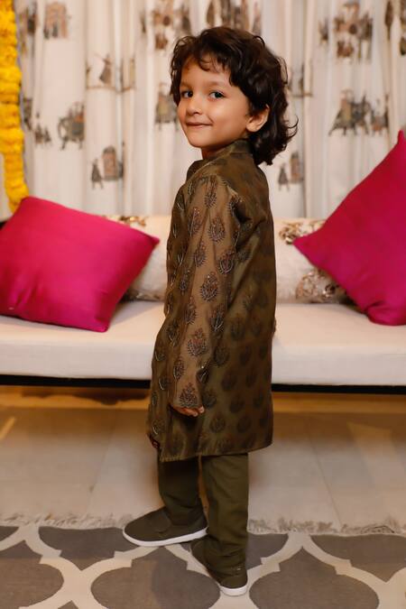 Shop_Swati Golyan_Green Chanderi, Cotton Sequins, Beads Florette Handblock Print Kurta Set _Online_at_Aza_Fashions