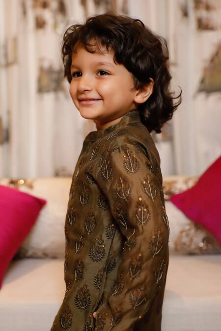 Swati Golyan_Green Chanderi, Cotton Sequins, Beads Florette Handblock Print Kurta Set _at_Aza_Fashions