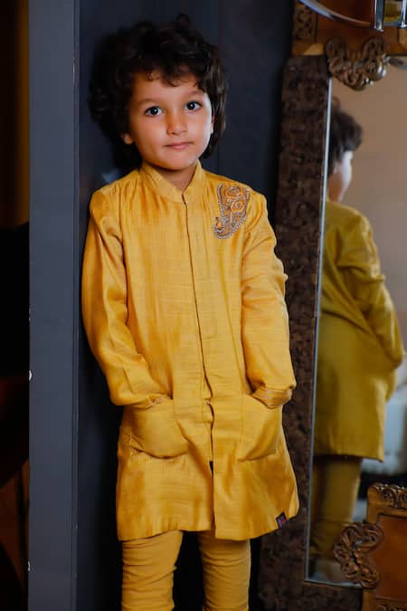 Swati Golyan_Yellow Silk Embroidery Thread Paisley Placement Bandhgala Set  _Online_at_Aza_Fashions