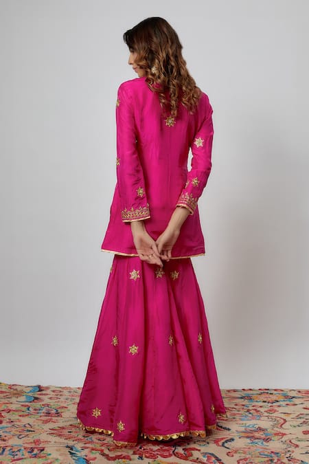 Shop_Yuvraani Jaipur_Pink Silk, Organza Embroidery, Gota Patti V-neck Hand Kurta Sharara Set _at_Aza_Fashions