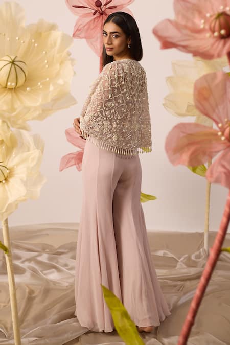 Roqa Aconite Pearl Gardenia Embroidered Cape Sharara Set 