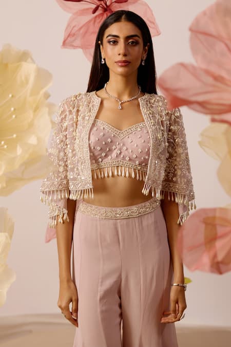 Roqa_Pink Net, Georgette Pearls, Aconite Gardenia Embroidered Cape Sharara Set _Online_at_Aza_Fashions