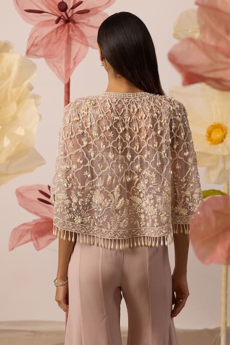 Shop_Roqa_Pink Net, Georgette Pearls, Aconite Gardenia Embroidered Cape Sharara Set _Online_at_Aza_Fashions