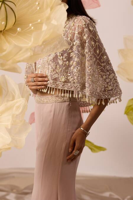 Roqa_Pink Net, Georgette Pearls, Aconite Gardenia Embroidered Cape Sharara Set _at_Aza_Fashions