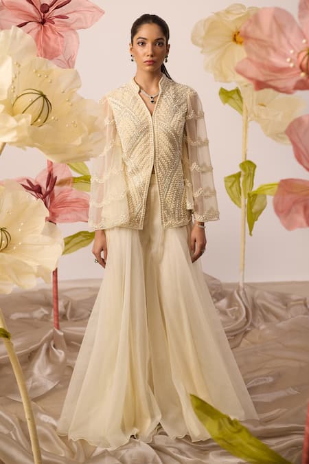 Roqa Ivory Jacket Net Embroidery Pearls Chinese Collar Alyssum With Gharara Pant 