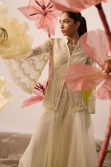 Roqa_Ivory Net, Organza Cut Work, Alyssum Embroidered Jacket With Gharara Pant _Online_at_Aza_Fashions