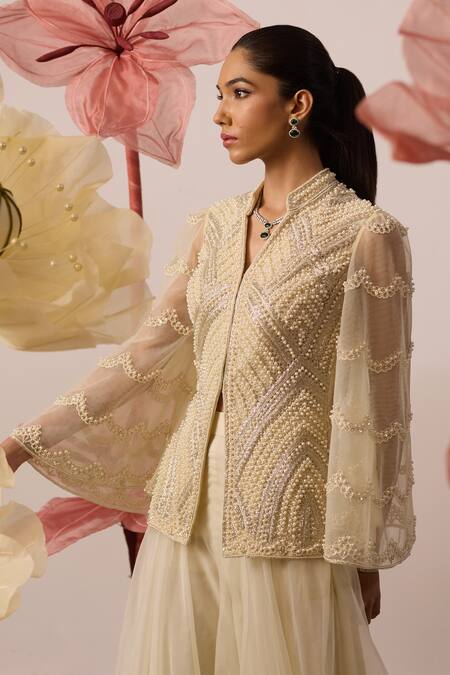 Buy_Roqa_Ivory Net, Organza Cut Work, Alyssum Embroidered Jacket With Gharara Pant _Online_at_Aza_Fashions