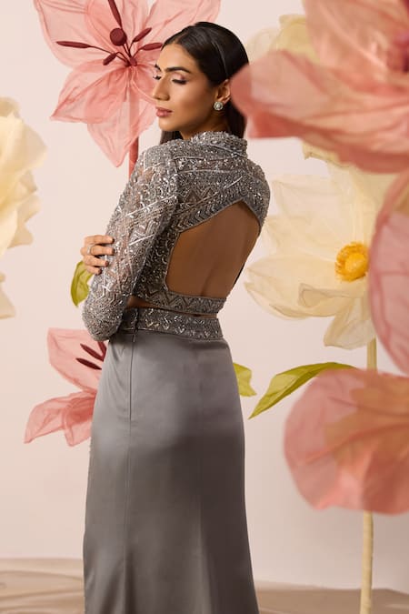 Shop Roqa Grey Net, Modal, Satin Beads, Aster Callista Embroidered Crop Blouse With Skirt at Aza Fashions Shop_Roqa_Grey Net, Modal, Satin Beads, Aster Callista Embroidered Crop Blouse With Skirt _at_Aza_Fashions