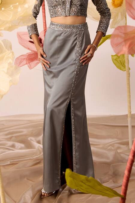 Roqa Grey Net, Modal, Satin Beads, Aster Callista Embroidered Crop Blouse With Skirt Online at Aza Fashions Roqa_Grey Net, Modal, Satin Beads, Aster Callista Embroidered Crop Blouse With Skirt _Online_at_Aza_Fashions