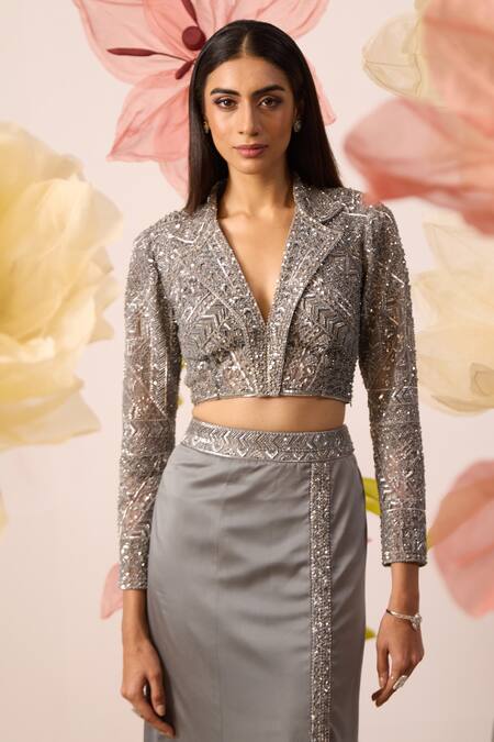 Shop Roqa Grey Net, Modal, Satin Beads, Aster Callista Embroidered Crop Blouse With Skirt Online at Aza Fashions Shop_Roqa_Grey Net, Modal, Satin Beads, Aster Callista Embroidered Crop Blouse With Skirt _Online_at_Aza_Fashions