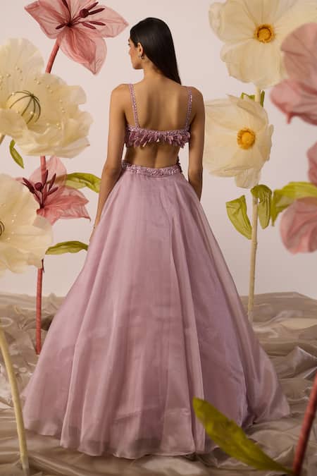 Shop Roqa Purple Net, Organza Beads, 3d Embellished Bellflower Petal Bustier With Lehenga at Aza Fashions Shop_Roqa_Purple Net, Organza Beads, 3d Embellished Bellflower Petal Bustier With Lehenga _at_Aza_Fashions