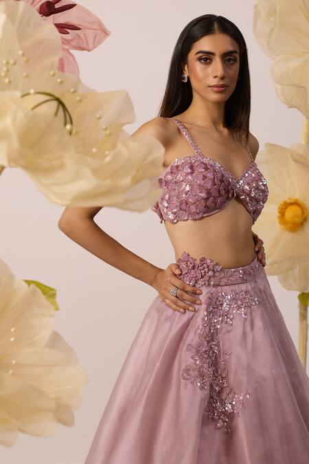 Roqa Purple Net, Organza Beads, 3d Embellished Bellflower Petal Bustier With Lehenga Online at Aza Fashions Roqa_Purple Net, Organza Beads, 3d Embellished Bellflower Petal Bustier With Lehenga _Online_at_Aza_Fashions