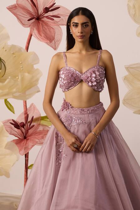 Buy Roqa Purple Net, Organza Beads, 3d Embellished Bellflower Petal Bustier With Lehenga Online at Aza Fashions Buy_Roqa_Purple Net, Organza Beads, 3d Embellished Bellflower Petal Bustier With Lehenga _Online_at_Aza_Fashions