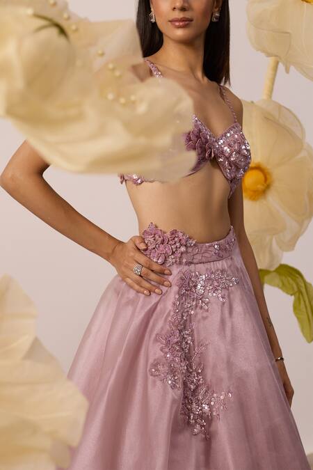 Shop Roqa Purple Net, Organza Beads, 3d Embellished Bellflower Petal Bustier With Lehenga Online at Aza Fashions Shop_Roqa_Purple Net, Organza Beads, 3d Embellished Bellflower Petal Bustier With Lehenga _Online_at_Aza_Fashions