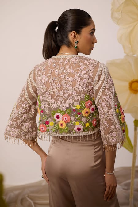 Roqa Bletilla Resham Bloom Embroidered Cape Sharara Pant Set 