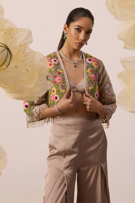 Roqa_Beige Modal, Satin, Bletilla Resham Bloom Embroidered Cape Sharara Pant Set _Online_at_Aza_Fashions