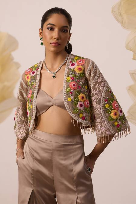Buy_Roqa_Beige Modal, Satin, Bletilla Resham Bloom Embroidered Cape Sharara Pant Set _Online_at_Aza_Fashions