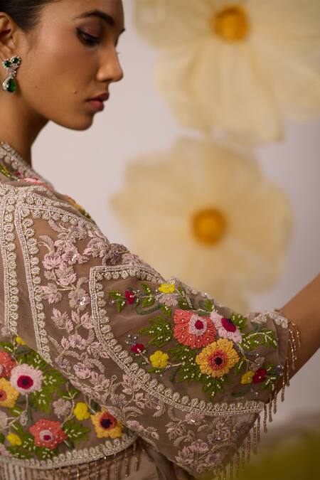 Shop_Roqa_Beige Modal, Satin, Bletilla Resham Bloom Embroidered Cape Sharara Pant Set _Online_at_Aza_Fashions