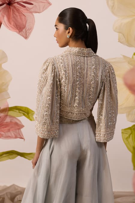 Roqa Bluebell Embroidered Cape Flared Pant Set 