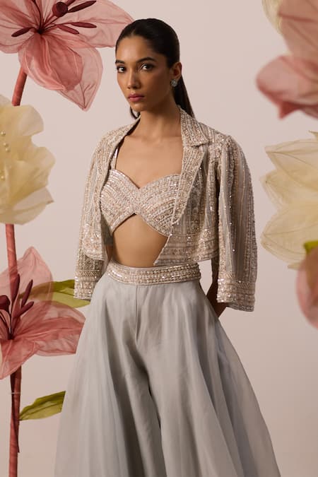 Roqa_Blue Net, Organza Cut Work, Sequins, Beads, Bluebell Cape Flared Pant Set _Online_at_Aza_Fashions