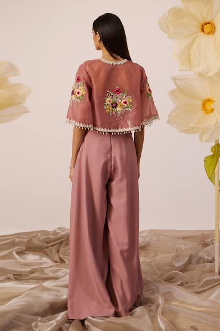 Shop Roqa Pink Organza, Silk Cut Work, Pearls, Brassica Crest Cape With Jumpsuit at Aza Fashions Shop_Roqa_Pink Organza, Silk Cut Work, Pearls, Brassica Crest Cape With Jumpsuit _at_Aza_Fashions