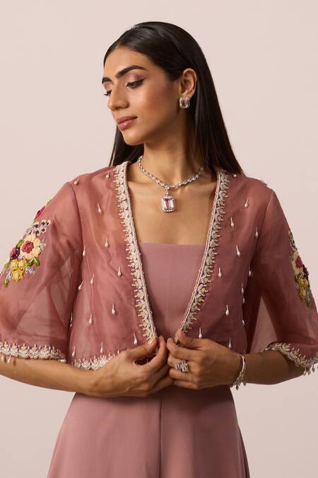 Roqa Pink Organza, Silk Cut Work, Pearls, Brassica Crest Cape With Jumpsuit Online at Aza Fashions Roqa_Pink Organza, Silk Cut Work, Pearls, Brassica Crest Cape With Jumpsuit _Online_at_Aza_Fashions