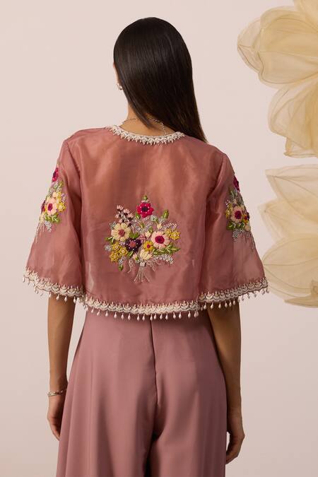 Buy Roqa Pink Organza, Silk Cut Work, Pearls, Brassica Crest Cape With Jumpsuit Online at Aza Fashions Buy_Roqa_Pink Organza, Silk Cut Work, Pearls, Brassica Crest Cape With Jumpsuit _Online_at_Aza_Fashions