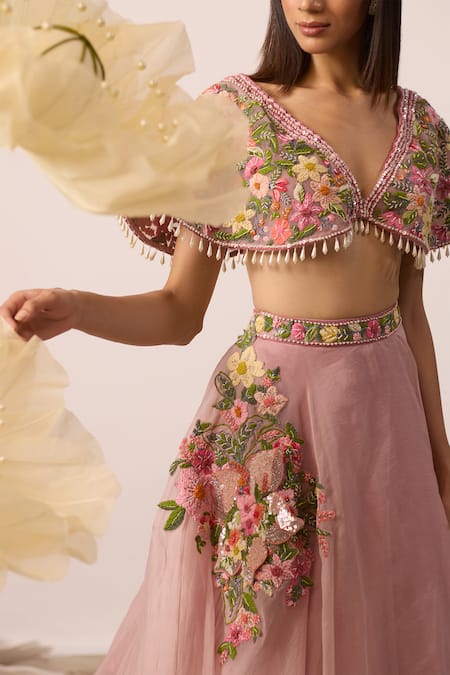 Shop Roqa Pink Net, Organza Pearls, Embroidery Buttercup Bloom Resham Lehenga With Blouse Online at Aza Fashions Shop_Roqa_Pink Net, Organza Pearls, Embroidery Buttercup Bloom Resham Lehenga With Blouse _Online_at_Aza_Fashions