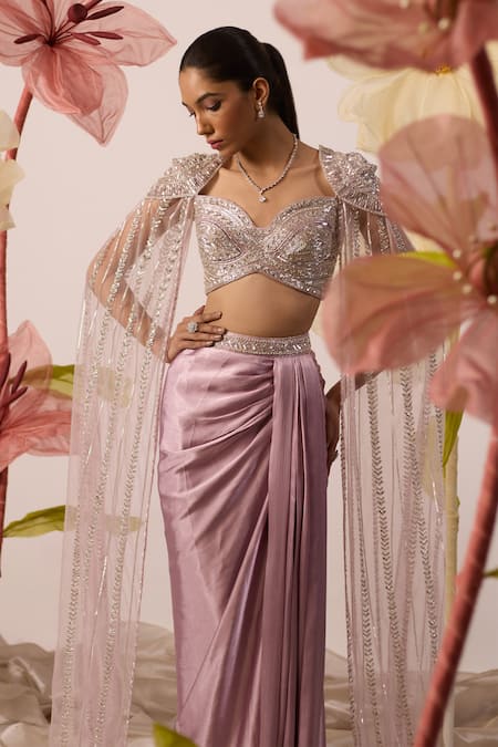 Roqa Purple Net, Chiffon Cacti Astral Embroidered Cape Blouse With Draped Skirt Online at Aza Fashions Roqa_Purple Net, Chiffon Cacti Astral Embroidered Cape Blouse With Draped Skirt _Online_at_Aza_Fashions