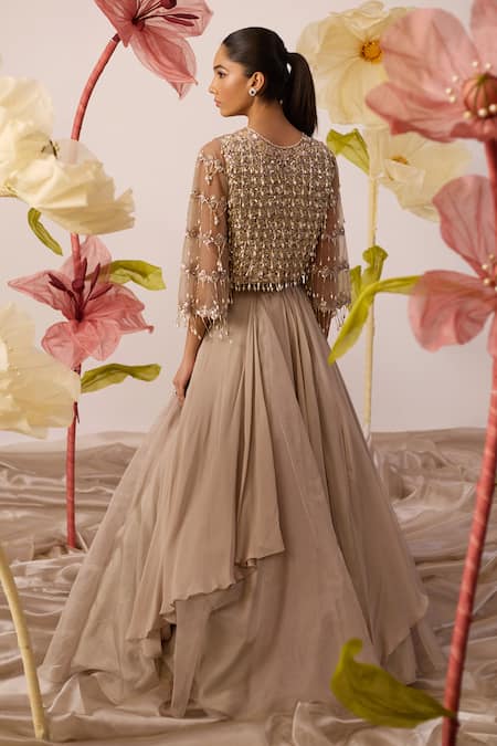 Shop Roqa Beige Net, Georgette Cut Work, Cardinal Starburst Embroidered Cape Lehenga Set at Aza Fashions Shop_Roqa_Beige Net, Georgette Cut Work, Cardinal Starburst Embroidered Cape Lehenga Set _at_Aza_Fashions
