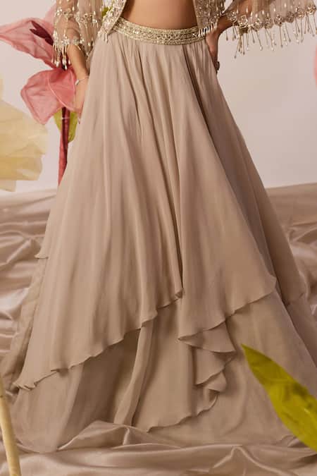 Roqa Beige Net, Georgette Cut Work, Cardinal Starburst Embroidered Cape Lehenga Set Online at Aza Fashions Roqa_Beige Net, Georgette Cut Work, Cardinal Starburst Embroidered Cape Lehenga Set _Online_at_Aza_Fashions