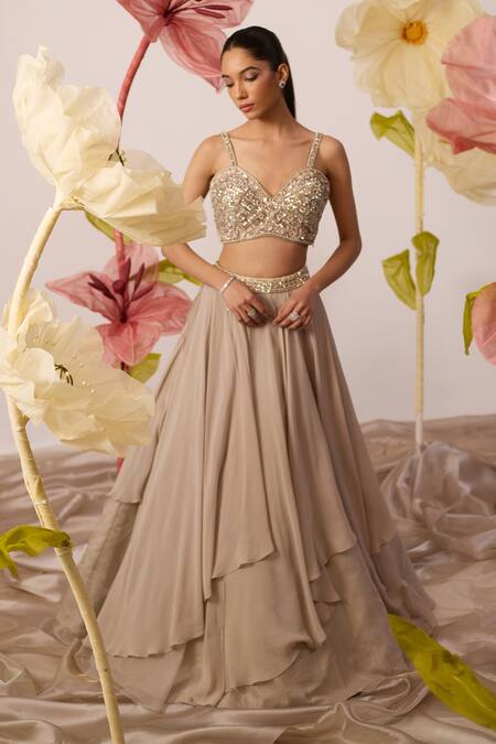 Shop Roqa Beige Net, Georgette Cut Work, Cardinal Starburst Embroidered Cape Lehenga Set Online at Aza Fashions Shop_Roqa_Beige Net, Georgette Cut Work, Cardinal Starburst Embroidered Cape Lehenga Set _Online_at_Aza_Fashions