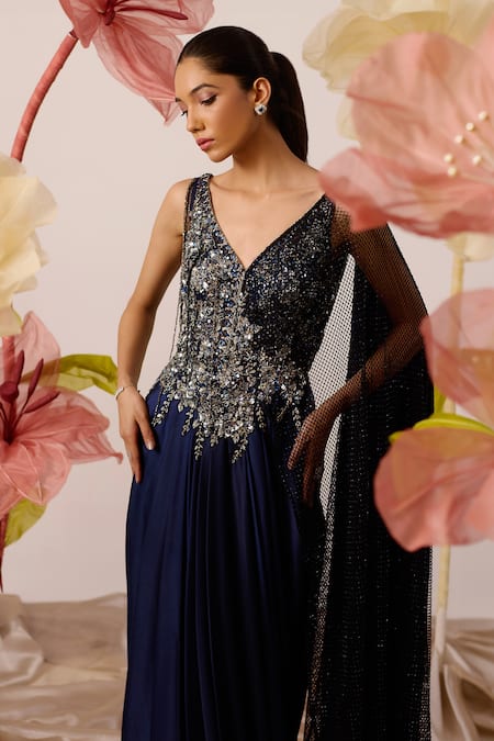 Roqa_Blue Modal, Satin Sequins, Crystals V-neck Clematis Moonlet Embroidered Gown _Online_at_Aza_Fashions