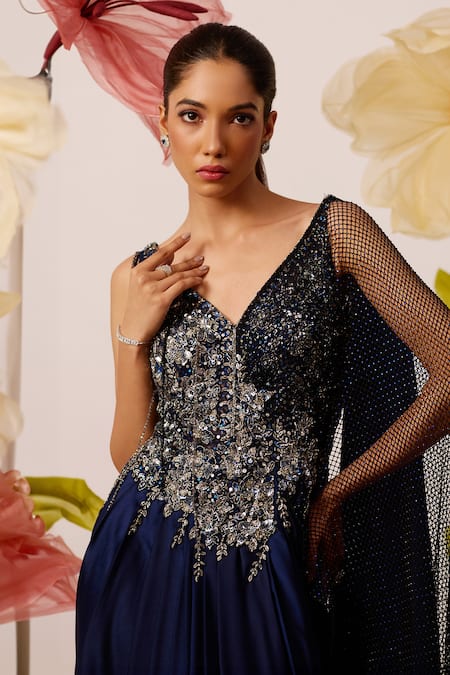 Buy_Roqa_Blue Modal, Satin Sequins, Crystals V-neck Clematis Moonlet Embroidered Gown _Online_at_Aza_Fashions