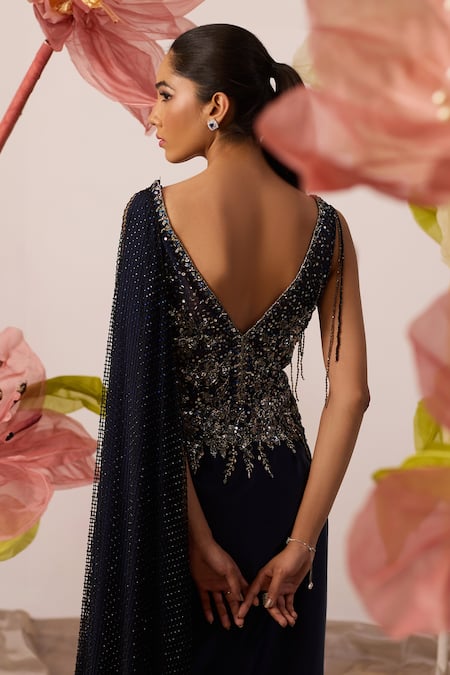 Shop_Roqa_Blue Modal, Satin Sequins, Crystals V-neck Clematis Moonlet Embroidered Gown _Online_at_Aza_Fashions