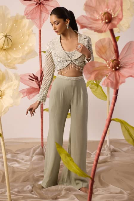 Roqa Green Bustier And Jacket Net Embroidery Beads Daisy Pearl Pant Set 