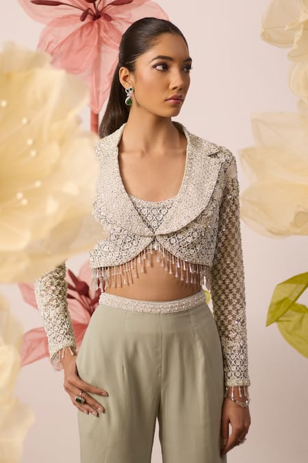 Roqa Daisy Pearl Embroidered Jacket Pant Set 