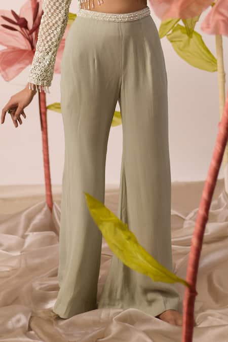 Roqa_Green Net, Georgette Pearls, Cut Work, Sequins, Daisy Jacket Pant Set _Online_at_Aza_Fashions