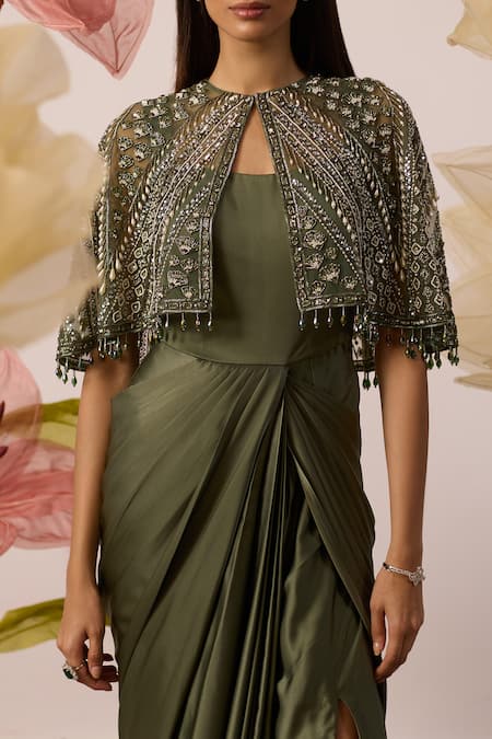 Roqa_Green Modal, Satin, Net High Neck Disa Stellar Embroidered Cape With Draped Gown _Online_at_Aza_Fashions