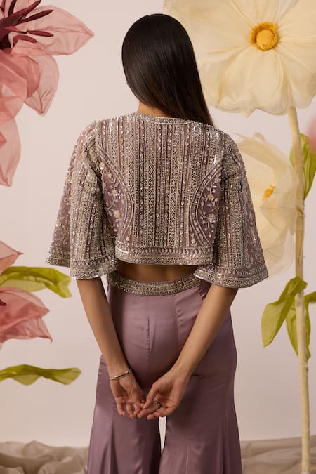 Buy_Roqa_Purple Modal, Satin, Net Eclipse Cronus Embroidered Cape Sharara Pant Set _Online_at_Aza_Fashions